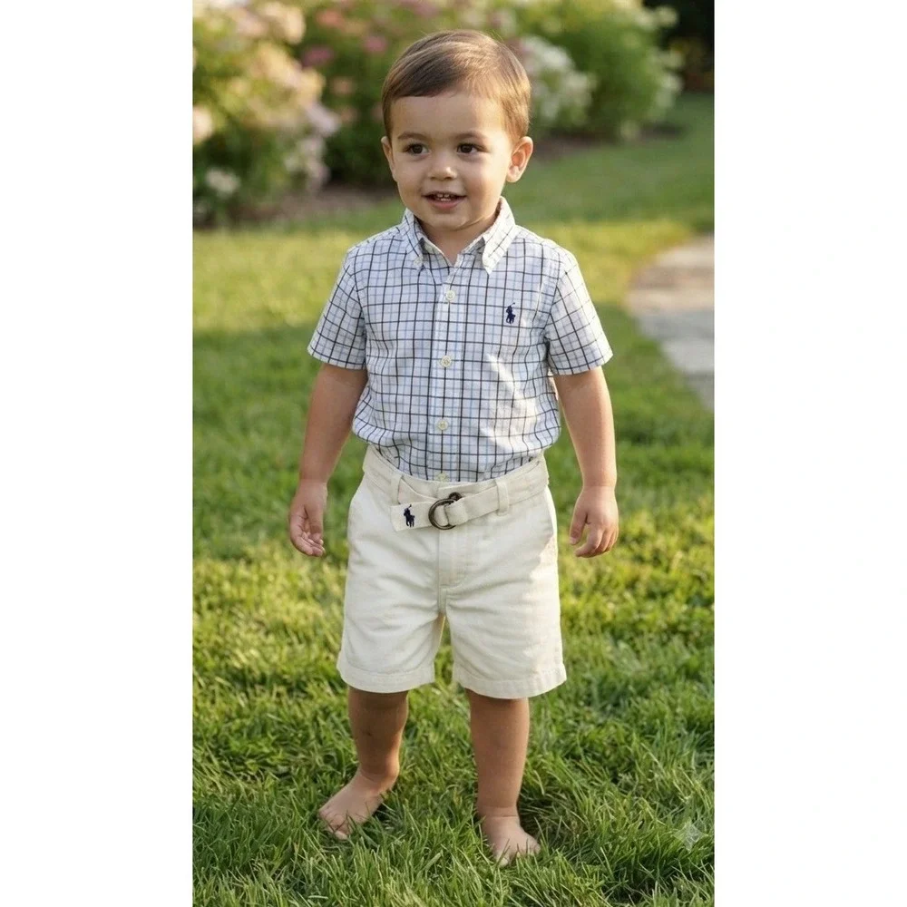 NWT Polo Ralph Lauren Boys Plaid Button Down Shirt & Belted Shorts 2-Pc Set 24M